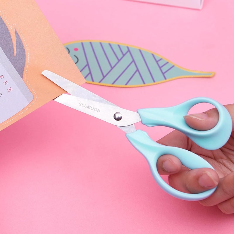 SLEMOON 5" Small School Student Blunt Kids Craft Scissors, Sharp Stainless Steel Blades Safety Comfort Grip for Toddler Preschool Children Cutting Paper, 3 Pack,blue - Image 4